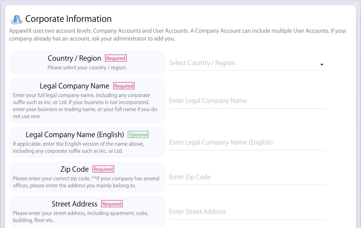 La section Informations sur l’entreprise de la page Créer un compte