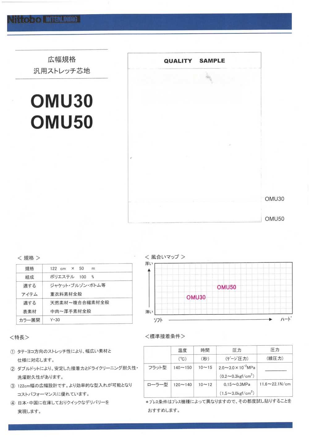 OMU30 Entoilage Extensible Standard à Usage Général, Grande Largeur Nittobo