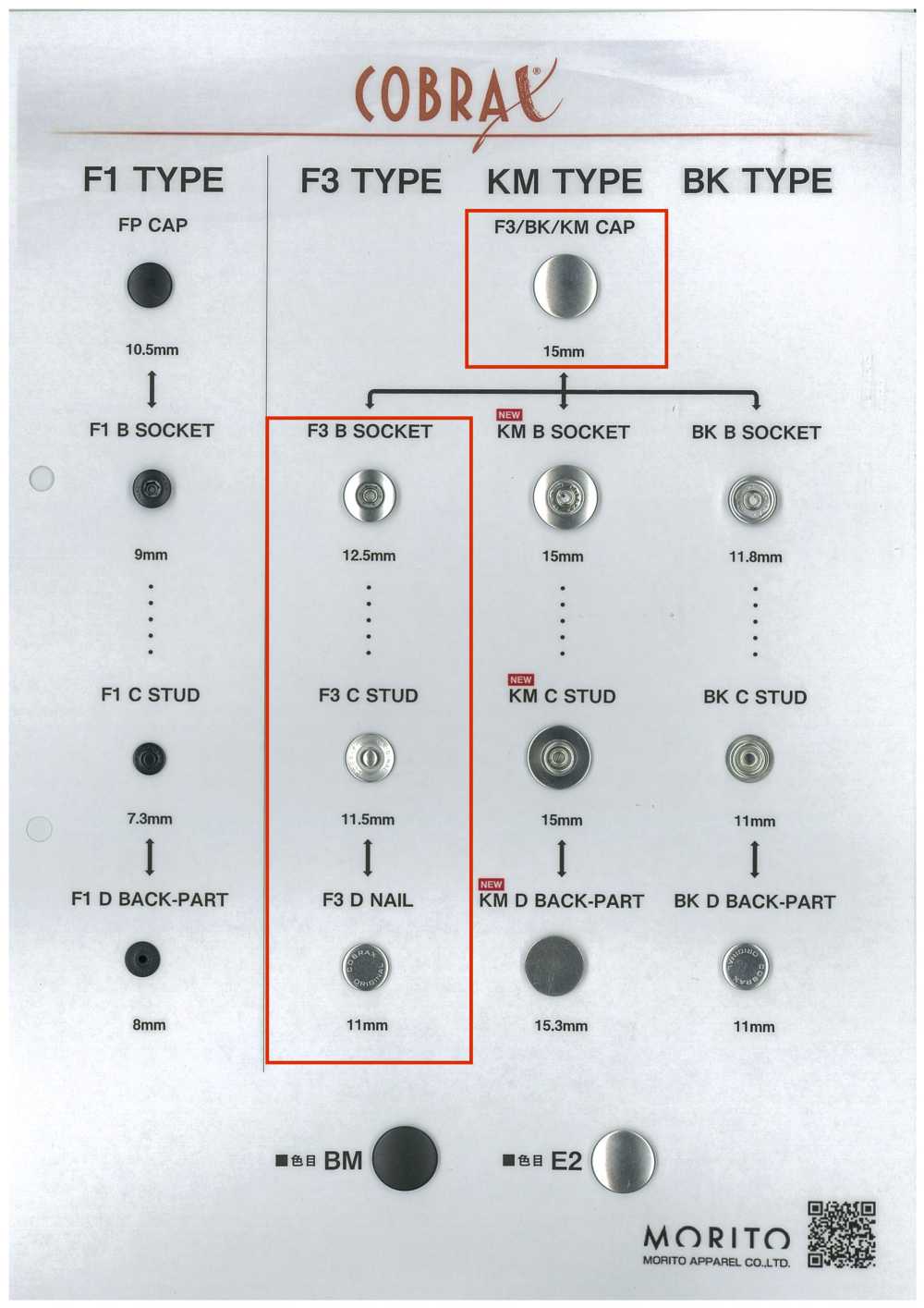 F3-A/B/C/D COBRAX® F3 4SET (CASQUET/DOUILLE/GOUJON/POTEAU)[Fermeture à Pression/rondelle à œillets] Morito