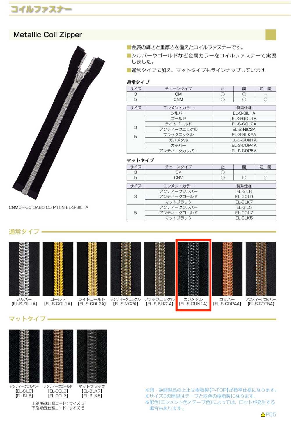 3CNMOR-EL-GUN1 Fermeture éclair Métallique à Spirale, Taille 3, Gris Anthracite, Ouverte YKK