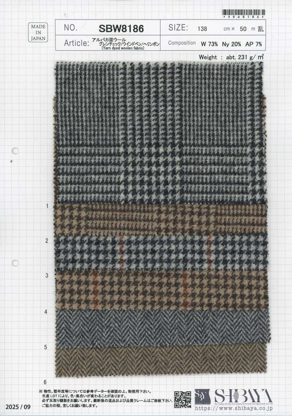 SBW8186 Laine mélangée alpaga à carreaux Glen/grands carreaux/chevrons[Textiles / Tissus] SHIBAYA
