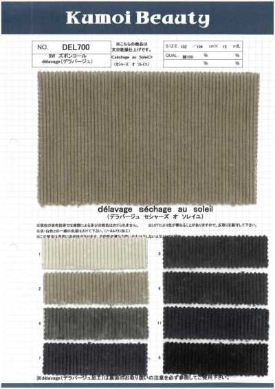 DEL700 9W Velours côtelé pour pantalon, délavage (séché au soleil)