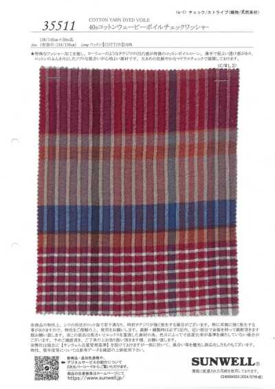 35511 Voile à carreaux ondulé en coton 40s avec finition lavée