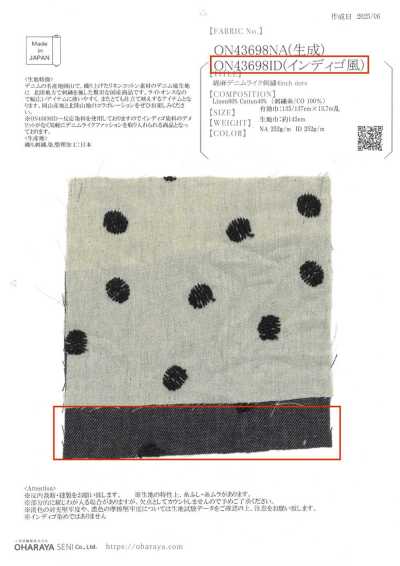 ON43698ID À pois brodé 4 pouces aspect denim coton-lin (style indigo)