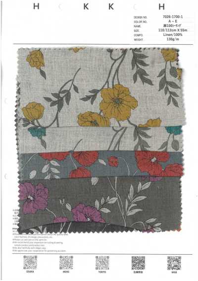 7026-1700-1 Toile écrue 100 % lin Poppy 4e génération