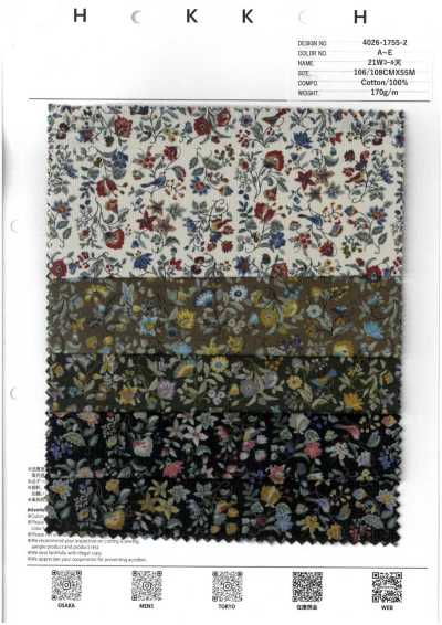 4026-1755-2 Velours côtelé 21W avec de petites fleurs et des oiseaux