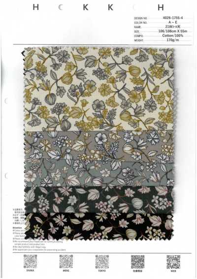 4026-1755-4 Velours côtelé 21W Sarasa à petites fleurs