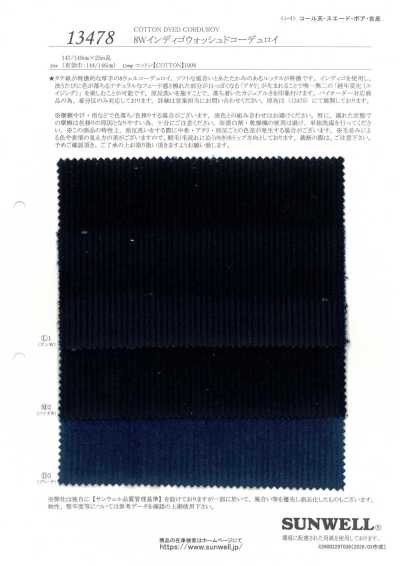 13478 8W velours côtelé lavé indigo
