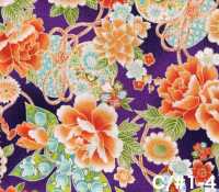 850628 Batiste florale dorée à motif japonais, pivoine, chrysanthème, rose trémière et tambour[Textiles / Tissus] VANCET Images supplémentaires