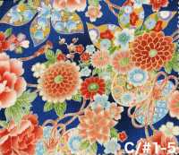 850628 Batiste florale dorée à motif japonais, pivoine, chrysanthème, rose trémière et tambour[Textiles / Tissus] VANCET Images supplémentaires