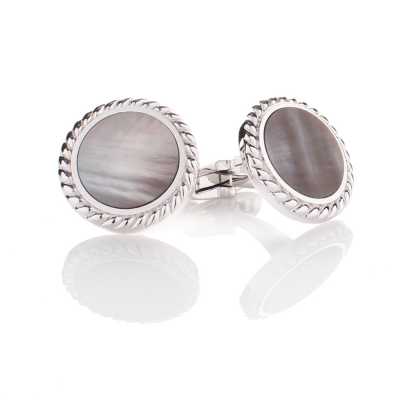 A-2 Boutons de manchette de cérémonie en argent sterling, nacre noire, ronds argentés