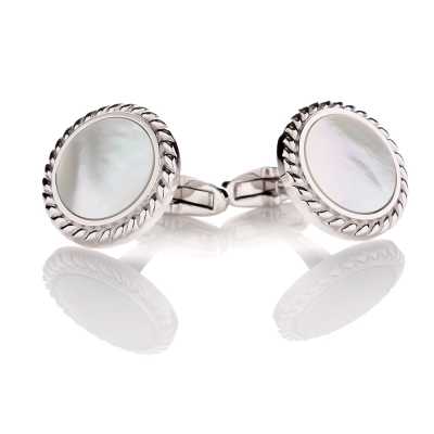 A-3-C Boutons de manchette de cérémonie en argent sterling, nacre, argent, ronds