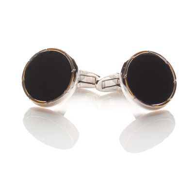 CB-1 Boutons de manchette habillés Onyx or et argent ronds