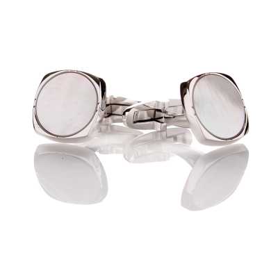 K-3 Boutons de manchette de cérémonie en argent pur, nacre blanche, forme carrée arrondie argentée