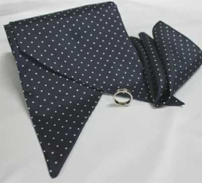 MS-301 Ensemble cravate-étole et pochette, motif pois, bleu marine