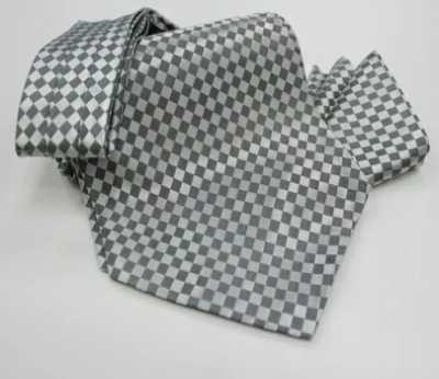 MS-5005 Set cravate Ascot nouée à la main et pochette à carreaux gris