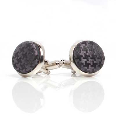 CUFF-V08 Boutons de manchette VANNERS recouverts de tissu de soie, motif pied-de-poule noir