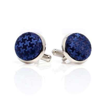 CUFF-V09 Boutons de manchette recouverts en tissu de soie VANNERS, motif pied-de-poule, bleu marine