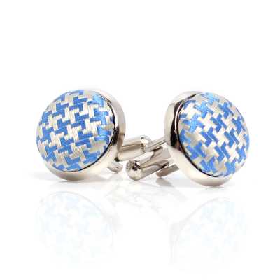CUFF-V12 Boutons de manchette VANNERS recouverts de tissu en soie, motif pied-de-poule, bleu saxon