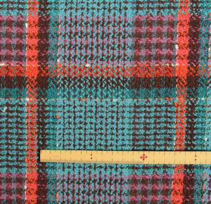 Y6513 Tissu tweed LINTON fabriqué en Angleterre, motif à carreaux bleu turquoise x rouge
