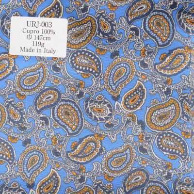 URJ-003 Doublure imprimée 100 % Cupro fabriquée en Italie, motif cachemire bleu