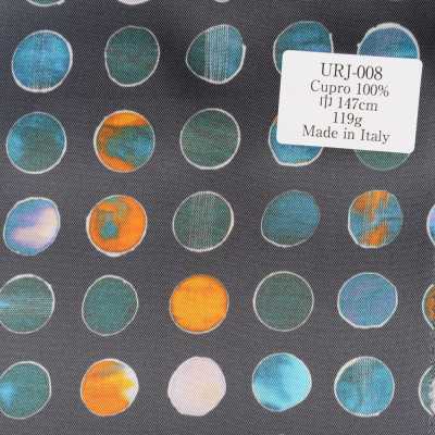 URJ-008 Doublure imprimée 100 % cupro, fabriquée en Italie, motif à pois, couleur de fond bleu marine