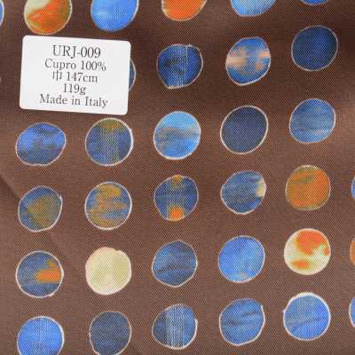 URJ-009 Fabriqué en Italie Doublure imprimée en cupro 100 %, motif à pois, couleur de base marron