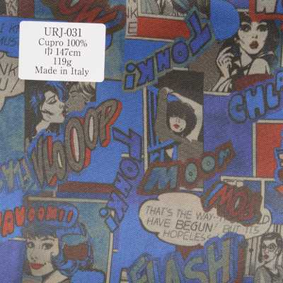 URJ-031 Fabriqué en Italie Doublure imprimée en cupro 100 % motif comic sur fond bleu