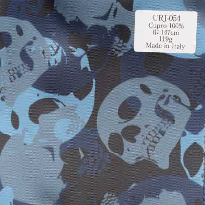 URJ-054 Doublure imprimée 100 % Cupro fabriquée en Italie avec motif squelette aux tons bleus