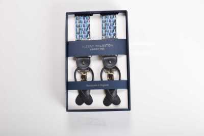 AT-2675/2 ALBERT THURSTON Bretelles, motif de petites cravates, base bleu saxon, élastique, 35 mm