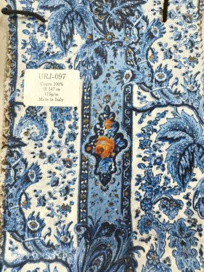 URJ-097 Doublure imprimée 100 % Cupro, fabriquée en Italie, motif paisley bleu