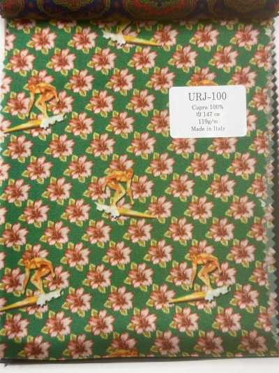 URJ-100 Doublure imprimée 100 % cupro fabriquée en Italie, motif floral, vert