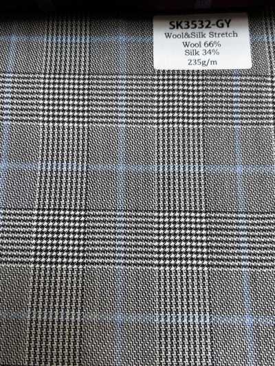 SK3532-GY Classique à carreaux gris en soie, laine et stretch fabriqué au Japon
