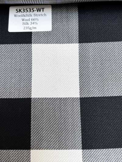 SK3535-WT Classique fabriqué au Japon en soie et laine extensible à carreaux blancs