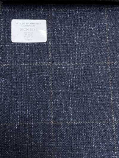 56CN5231 CANONICO Tissu tailleur fantaisie laine, soie et lin bleu marine/marron à carreaux fenêtre