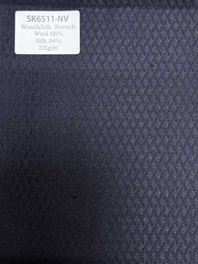 SK6511-NV Fabriqué au Japon, soie et laine extensibles, motif losange, bleu marine