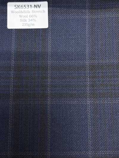 SK6531-NV Fabriqué au Japon, mélange extensible soie-laine à carreaux bleu marine