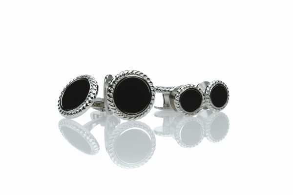 A-1 Set de boutons de manchette et de boutons de chemise en argent sterling, onyx, argent, rond