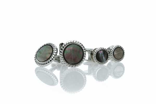 A-2 Set de boutons de manchette et de boutons de plastron en argent sterling, nacre noire, rond argenté