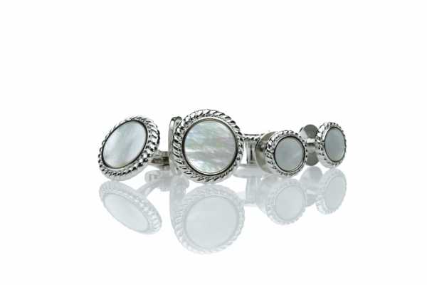 A-3 Set de boutons de manchette et boutons de chemise en argent sterling, nacre blanche, argent, rond
