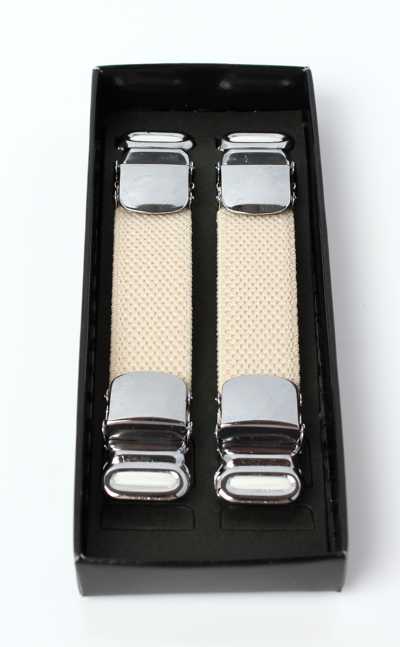 AB-12-Y Jarretière de manche, beige, uni, type yoke-hanger (type qui pince la manche par le haut et le bas)