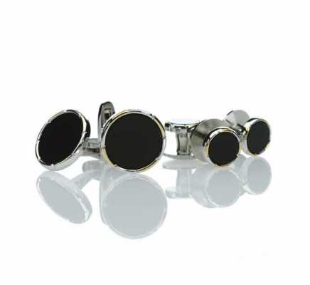 CB-1 Ensemble formel de boutons de manchette et de boutons de plastron en onyx, rond or et argent