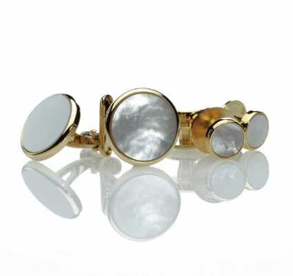 F-3 Set de boutons de manchette et de boutons de plastron formels en nacre, doré, rond