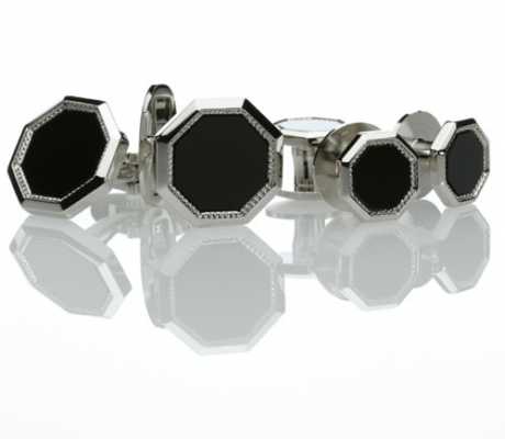 G-1 Ensemble de boutons de manchette et de boutons de plastron formel en onyx, argent, octogonal