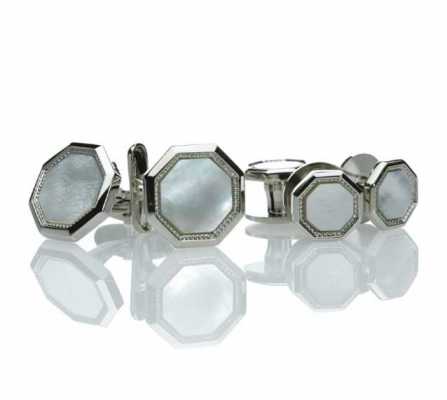 G-3 Ensemble de boutons de manchette et de boutons de chemise habillés en nacre argenté octogonal