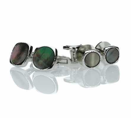K-2 Ensemble de boutons de manchette et de boutons de plastron en argent sterling pour tenue habillée, nacre noire, carré arrondi argenté