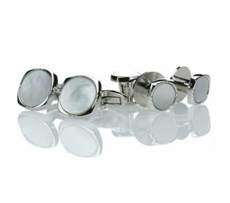 K-3 Parure habillée de boutons de manchette et de boutons de plastron en argent pur, nacre, carré arrondi argenté
