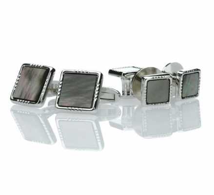 P-2 Ensemble de boutons de manchette et de boutons de plastron en argent sterling, nacre noire, carré argenté