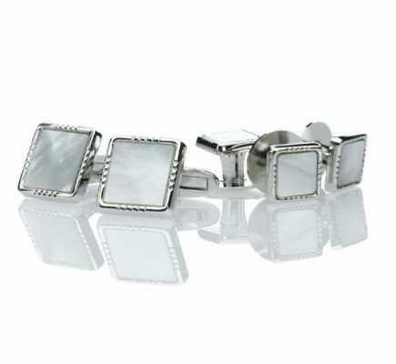 P-3 Set de boutons de manchette et de boutons de plastron en argent pur, nacre blanche, carré argenté