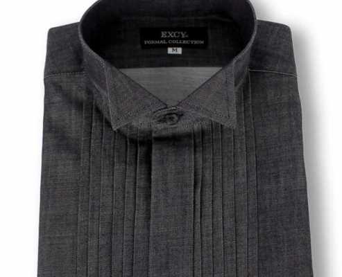 ST-509D Chemise en denim en coton Pima, col cassé, plissée, coupe super slim